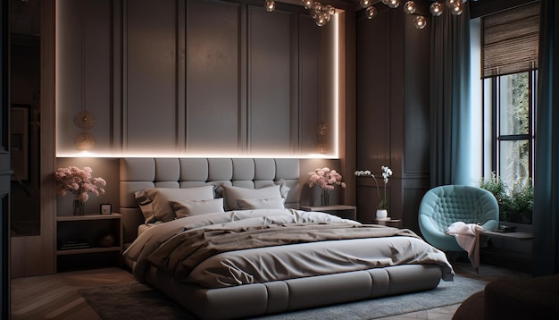 Gemütliches modernes Schlafzimmer mit komfortablem Doppelbett generativ AI