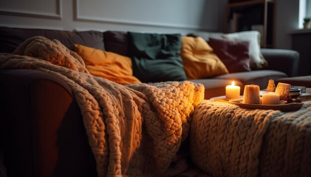 Gemütliches Schlafzimmer mit weichen Kissen und von KI erzeugtem Kerzenlicht