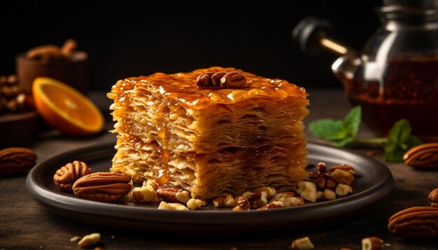 Genießen Sie hausgemachtes Baklava auf einem rustikalen Holztisch mit generativer KI