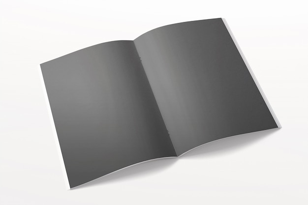 Geöffnetes Magazin oder Broschüre isoliert auf Weiß. Schwarze leere Seiten.