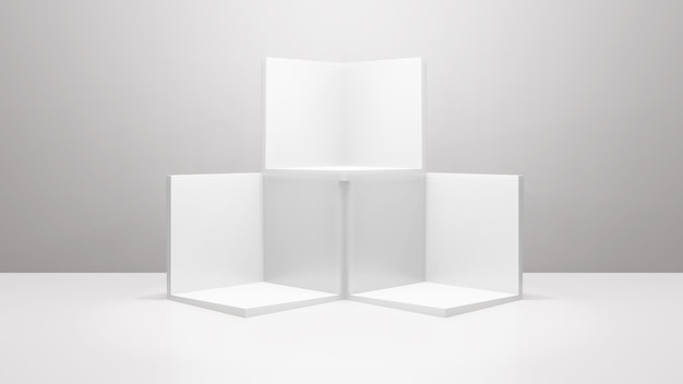 Geometrischer Formhintergrund im minimalistischen Mockup des weißen und grauen Studioraums für Podiumsanzeige oder