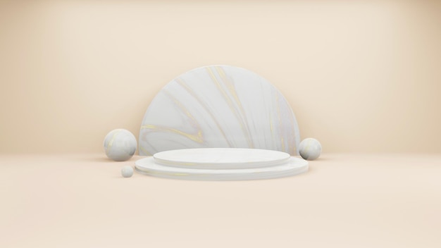 Geometrischer Zylinderformhintergrund im minimalistischen Mockup des weißen und goldenen Studioraums für Podium d