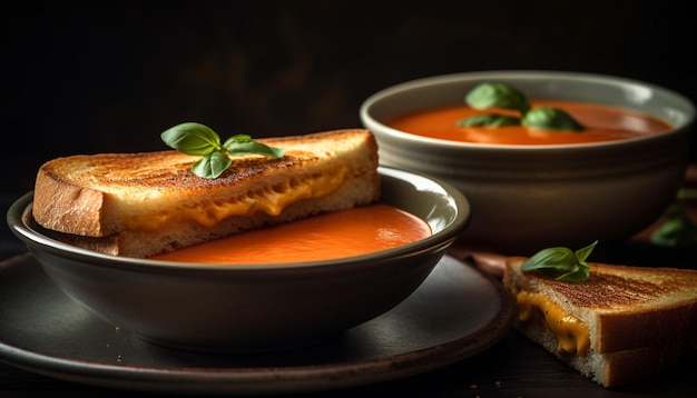 Geröstetes Baguette mit frischen Tomaten und Kräutern, hergestellt von AI