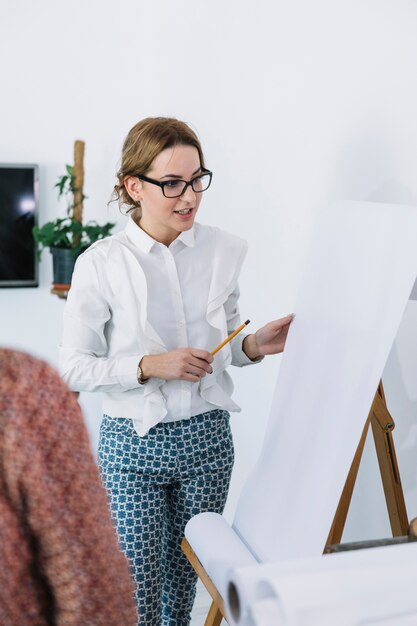 Geschäftsfrau, die neuen Unternehmensplan auf Flipchart erklärt