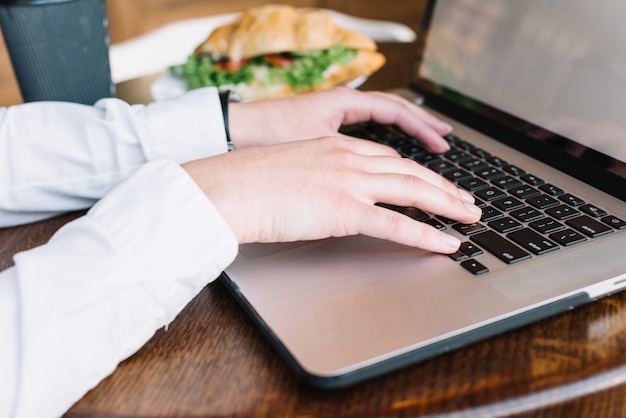 Geschäftsfrau mit Laptop in der Kaffeestube