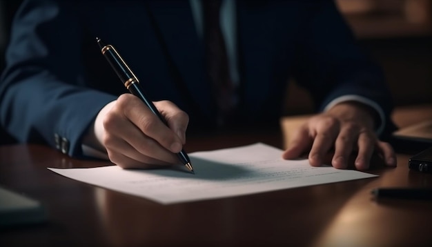 Geschäftsmann hält die erfolgreiche Unternehmensvereinbarung eines Stifts in der Hand, die von KI generiert wurde