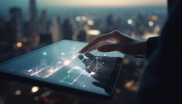 Geschäftsmann mit digitalem Tablet-Erfolg im von KI generierten Stadtbild