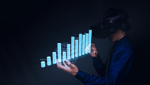 Geschäftsmann mit virtual reality metaverse-brille in die virtuelle welt mit balkendiagramm-geschäftswachstum