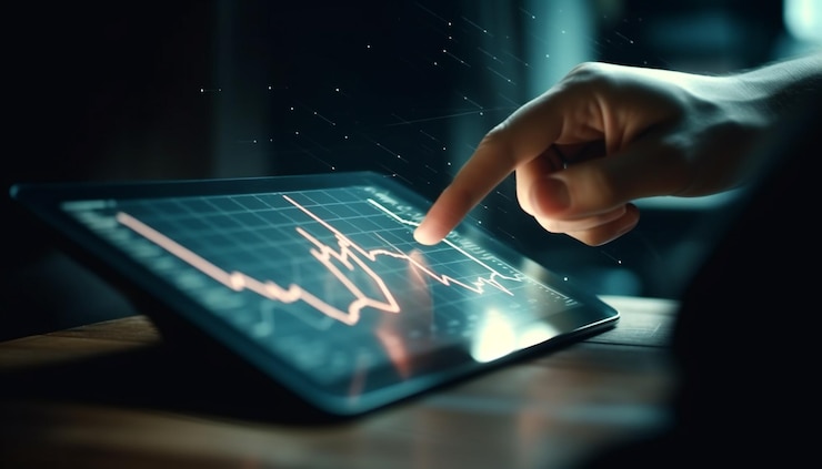 Kostenlose Foto geschäftsmann zeigt auf diagramm auf digitalem monitor, der von ki generiert wird