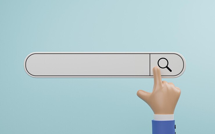 Kostenlose Foto geschäftsmannhand berühren, um symbolleiste für seo oder suchmaschinenoptimierung des marketingumfragekonzepts durch 3d-darstellung zu durchsuchen