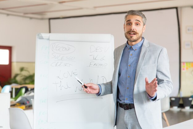 Geschäftstrainer, der nahes whiteboard steht