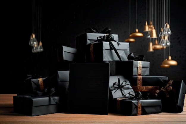 Kostenloses Foto geschenkboxen in schwarzem papier verpackt. black friday sale-konzept. black friday sale-text auf sale-tags