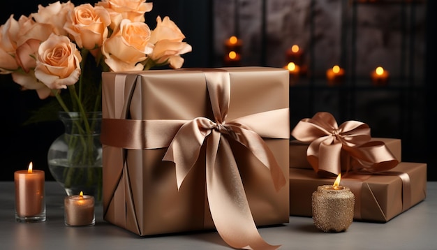 Geschenkkiste mit Kerzendekoration, die die Liebe im Winter feiert, generiert durch künstliche Intelligenz