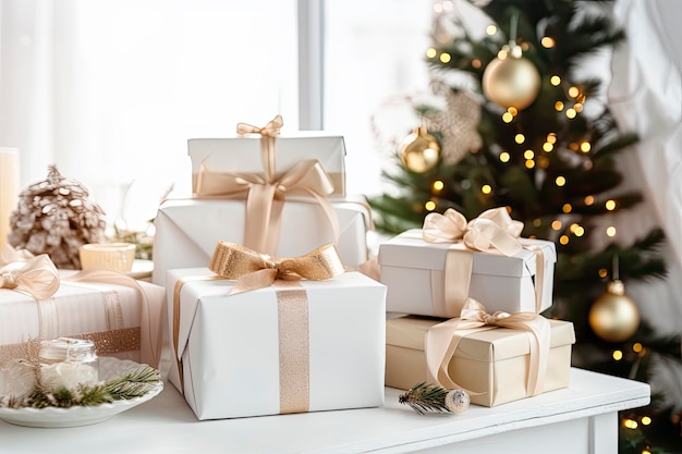 Geschenkpapier und Weihnachtsgeschenke auf einem weißen Holztisch