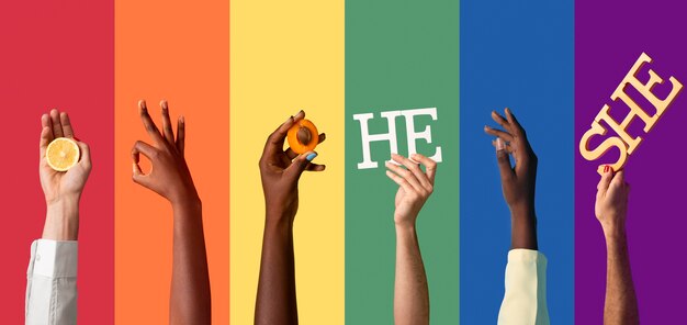 Geschlecht flüssige Menschenhände auf Regenbogenhintergrund