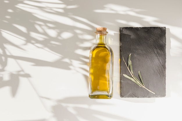 Kostenloses Foto geschlossene olivenölflasche und -zweig auf steinplatte über dem normalen hintergrund