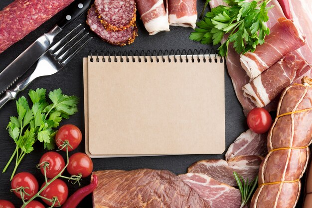 Geschmackvolles Fleisch der Draufsichtauswahl auf dem Tisch mit Tomaten