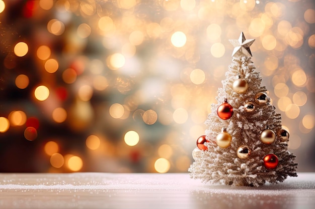 Geschmückter Weihnachtsbaum auf Holztisch und verschwommenem Hintergrund. Platz kopieren