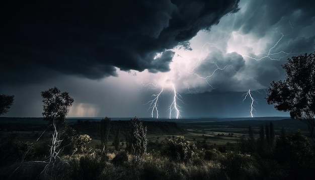 Gespenstische Elektrizität beleuchtet dramatische Gewitterwolkenlandschaften, die von KI generiert wurden