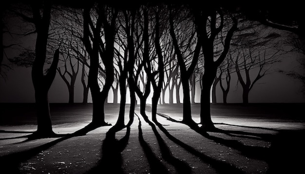 Gespenstische Silhouette von Baumzweigen in der generativen KI des Waldgeheimnisses