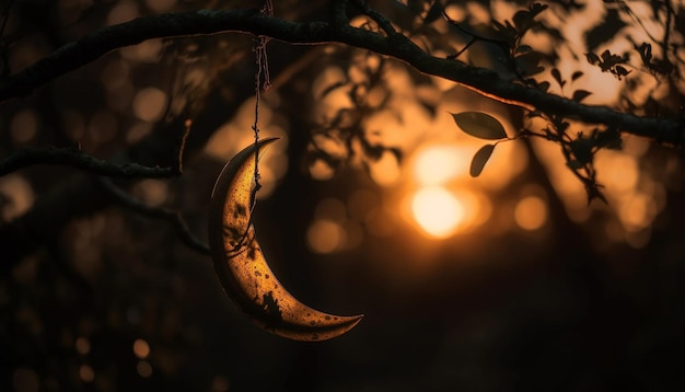 Gespenstischer Wald in der Abenddämmerung, beleuchtete Silhouette, die von KI generiert wird