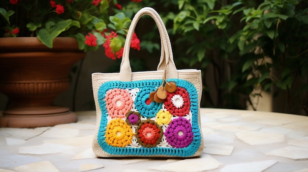 Gestrickte Tasche auf Terrassenstillleben