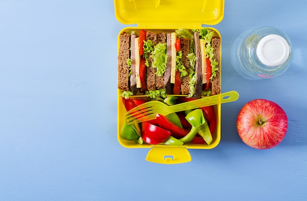 Gesunde Schulbrotdose mit Rindfleischsandwich und frischem Gemüse, Flasche Wasser und Früchten auf blauem Tisch. Draufsicht. Flach liegen