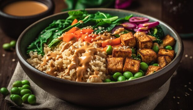 Kostenloses Foto gesunde vegetarische mahlzeit, frischer salat, gekochter tofu und bio-gemüse, erzeugt durch ki