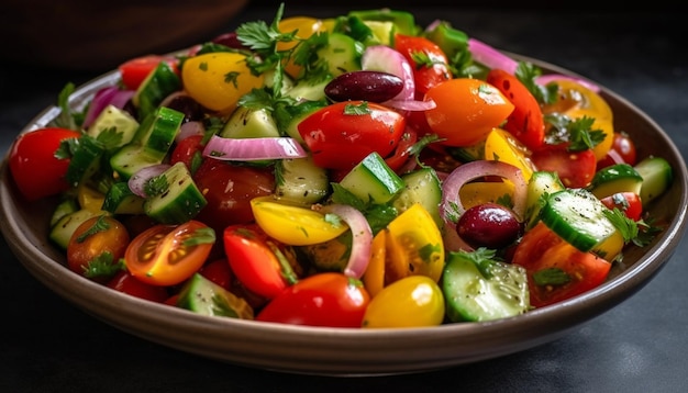 Kostenloses Foto gesunder griechischer salat mit frischer mozzarella-scheibe, generiert von ki