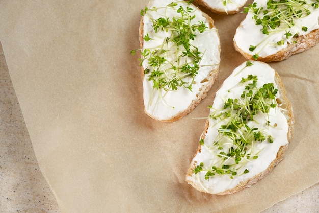 Gesundes Frühstück. Sandwich mit Frischkäse und Microgreens.