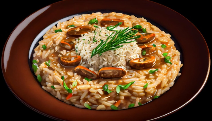 Kostenlose Foto gesundes risotto-gericht, gekocht mit essbaren pilzen, die von ki erzeugt werden