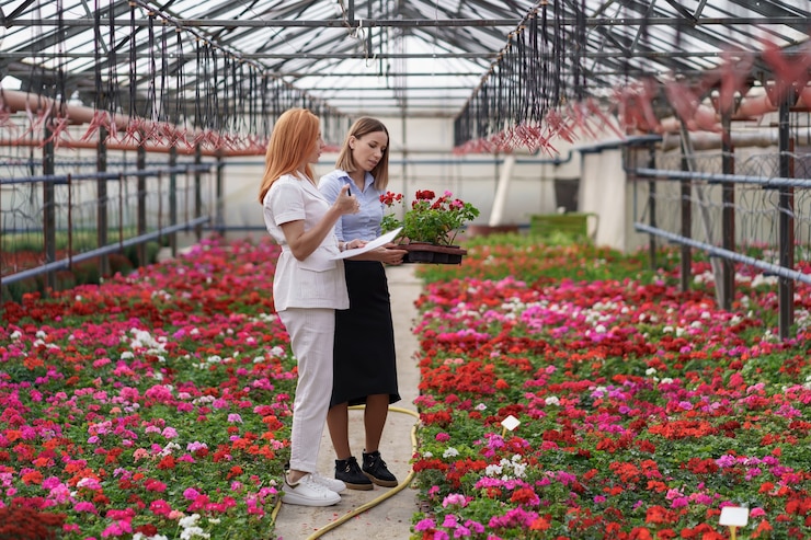 Kostenlose Foto gewächshausbesitzer präsentiert einem potenziellen kundenhändler blumenoptionen.