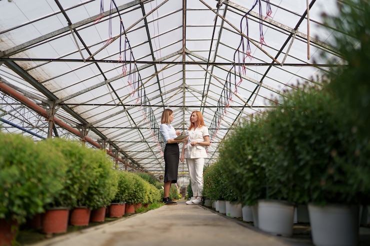 Kostenlose Foto gewächshausbesitzer präsentiert einem potenziellen kundenhändler blumenoptionen.