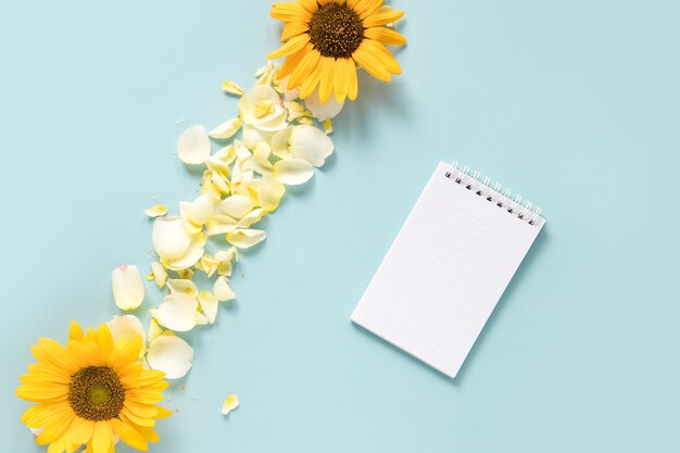 Gewundener Notizblock nahe Sonnenblumen und Blumenblättern auf blauem Hintergrund