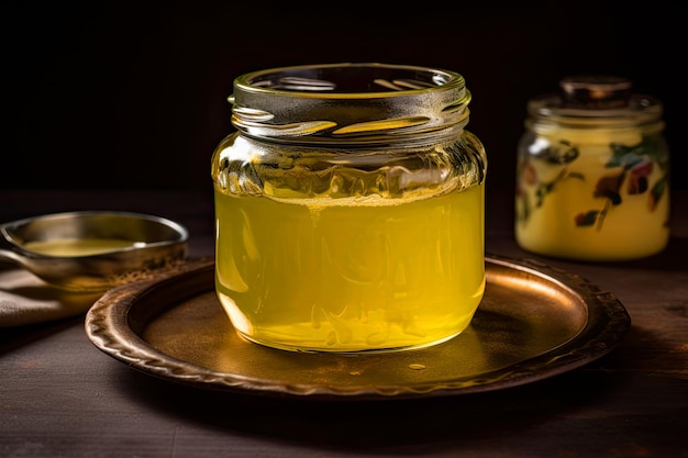 Ghee oder geklärte Butter im Glas auf Holztisch AI generativ