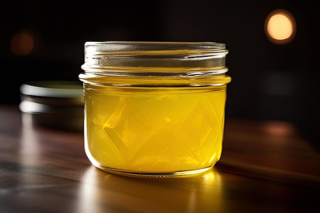 Ghee oder geklärte Butter im Glas auf Holztisch AI generativ