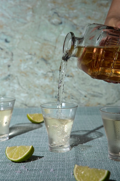 Gießen Sie Tequila von Hand in eine Tasse