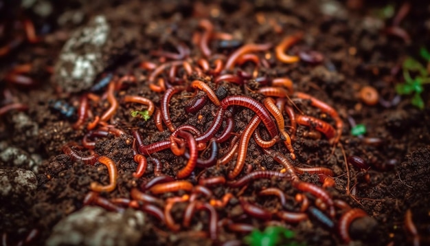 Kostenloses Foto giftige raupe kriecht auf blättern, umgeben von mehrfarbigen gruppen, die von ki erzeugt werden