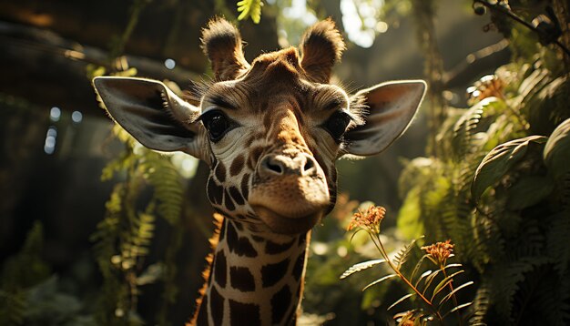 Giraffe sieht süß aus und steht auf einer grünen Wiese, die durch künstliche Intelligenz weidet