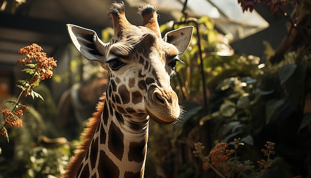 Giraffe steht aufrecht da und blickt in die Kamera in der afrikanischen Wildnis, erzeugt durch künstliche Intelligenz