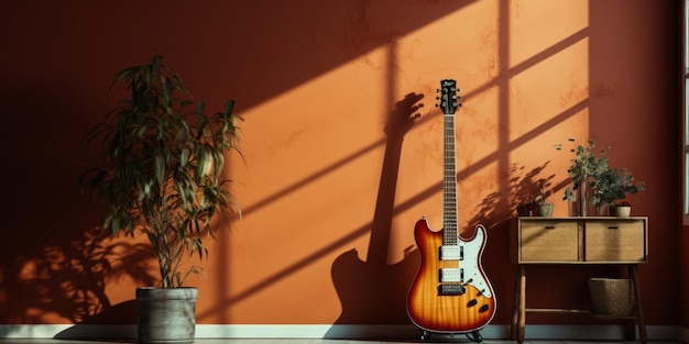 Kostenloses Foto gitarre im raum dieses vielseitige design-asset zeigt eine gitarre, die auf einem tisch platziert ist. perfekt für musikbezogene projekte, websites, werbung und albumcover.