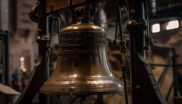 Glänzende Glocke, die in der von KI erzeugten Dunkelheit der alten Kapelle hängt