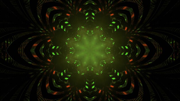 Glänzendes kaleidoskop-blumenmuster in der 3d-illustration der dunkelheit