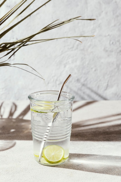 Glas Wasser mit Zitronenscheiben auf dem Tisch