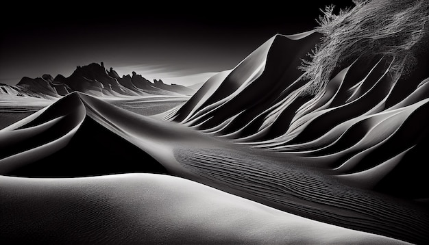 Glatte Sanddünen krümmen sich majestätisch in einer surrealen Landschaft mit generativer KI