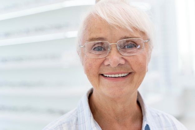 Glückliche ältere Frau mit Brille