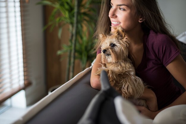 Glückliche schöne junge Frau, die Fenster mit ihrem Hund betrachtet