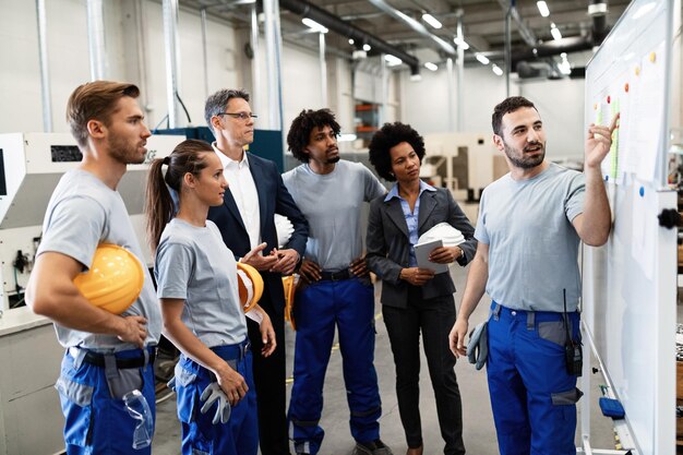 Glücklicher Arbeiter, der die Ergebnisse der Geschäftsentwicklung präsentiert, während er den Unternehmensleitern und seinem Team in einer Fabrik eine Präsentation gibt