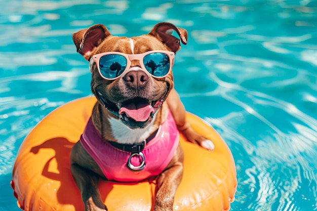 glücklicher Hund mit Sonnenbrille und Schwimmring