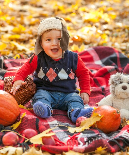 Glücklicher kleiner Junge auf einer Picknickdecke